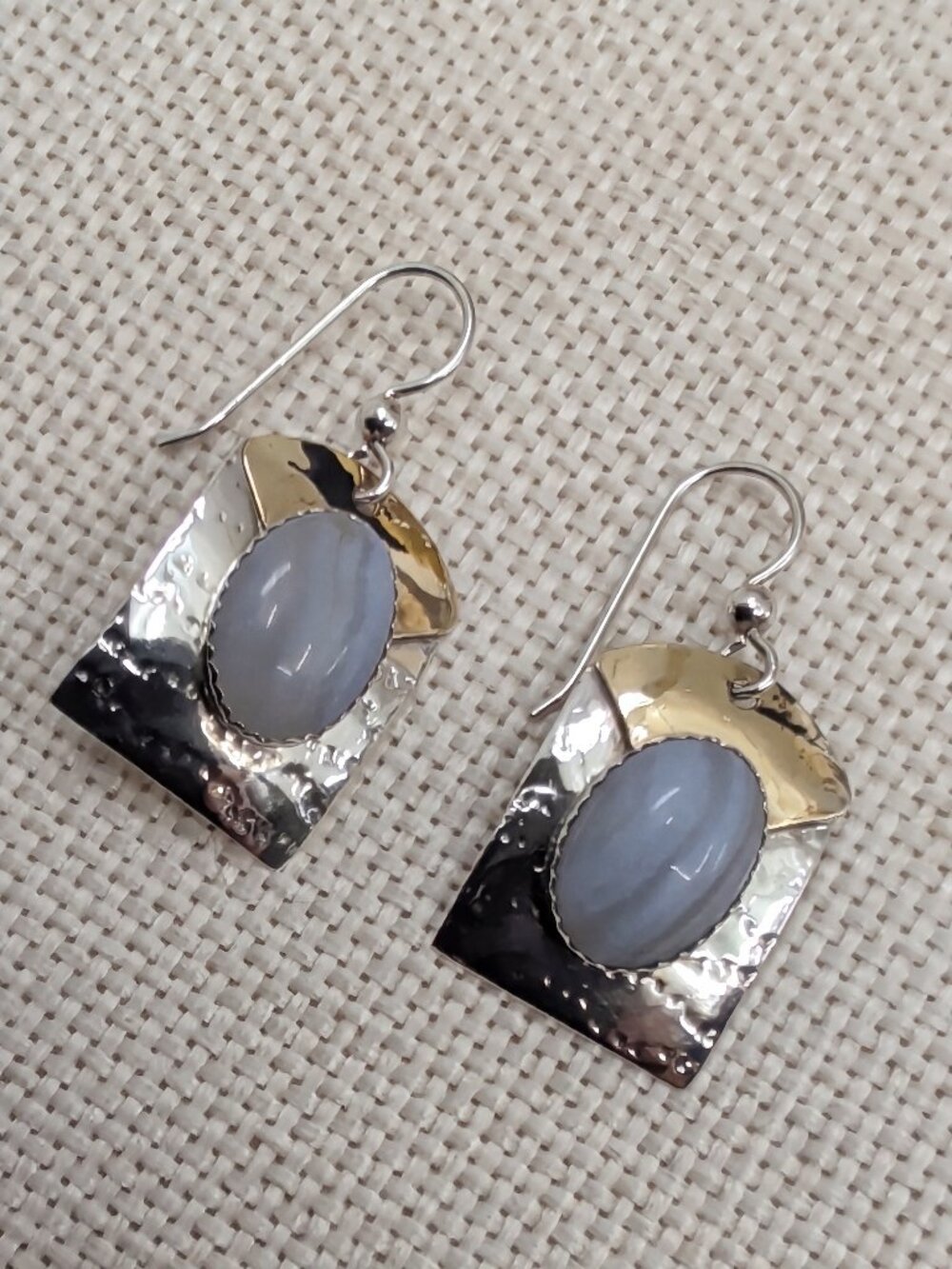 Handmade Sterling Silver Blue Lace Agate Two-Tone Gold Accent Drop Earrings 925